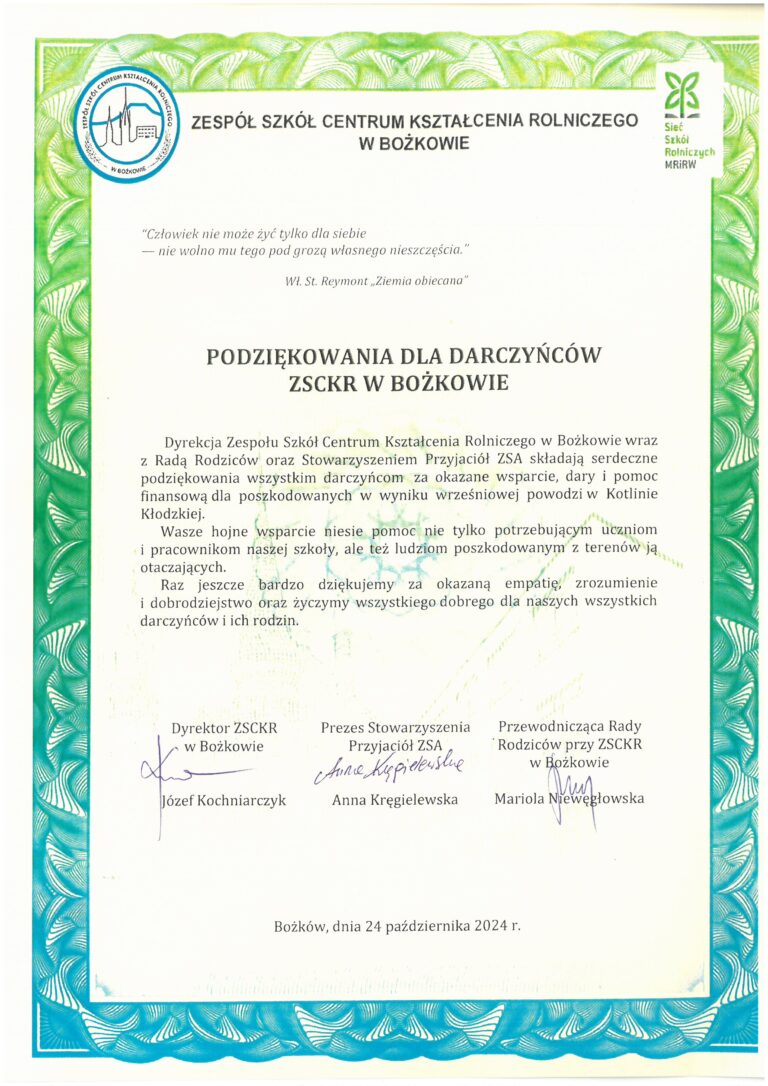 PODZIĘKOWANIA z&nbsp;ZSCKR w&nbsp;Bożkowie